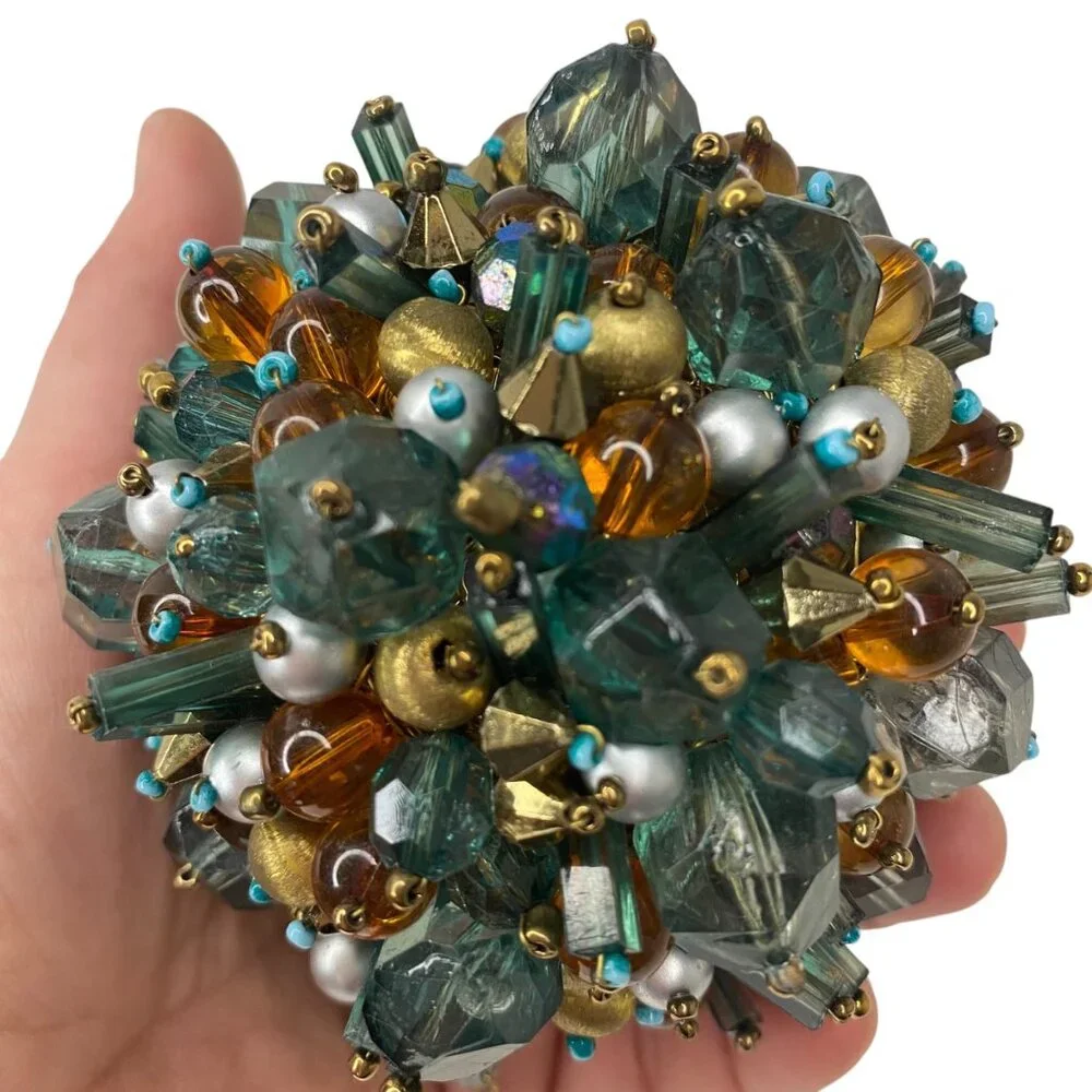 Vintage Handcrafted‎ Multicolor Beaded Push Pin Ornament Ribbon Bow Christmas 4